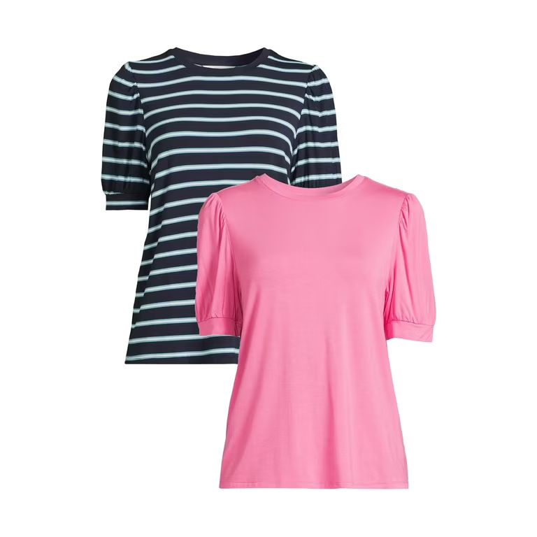 Time and Tru Women's Classic Fit Puff Sleeve Jersey Top, 2 Pack, Sizes XS-XXXL | Walmart (US)