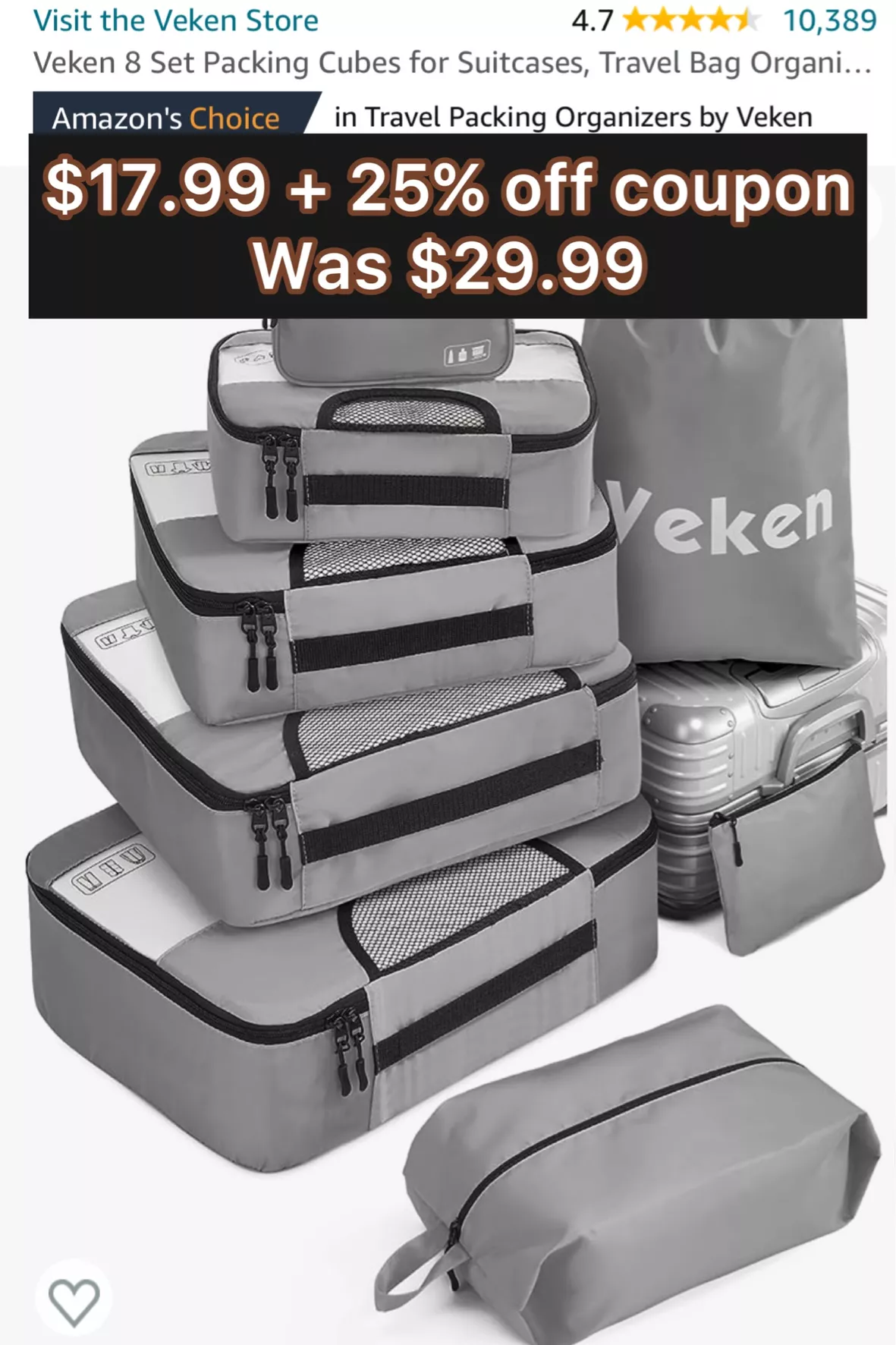  Veken 8 Set Packing Cubes for Suitcases, Travel