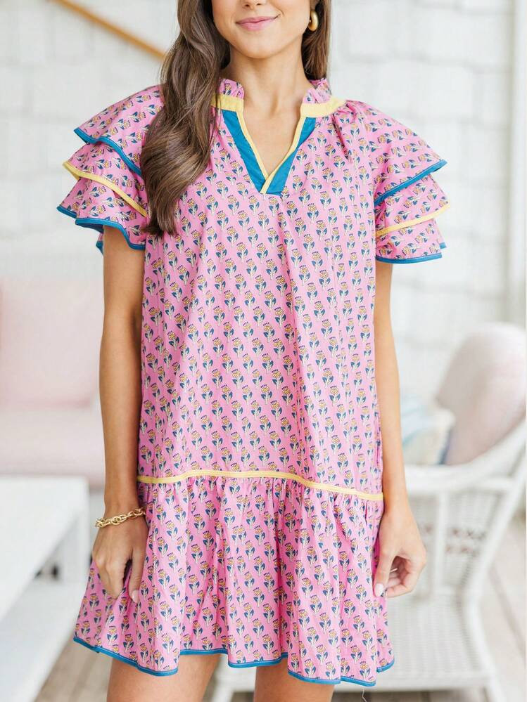 Women Boho Ruffle Sleeve Mini Dress Summer Floral Print Short Sleeve V Neck Cute Babydoll Loose Flowy Dress | SHEIN