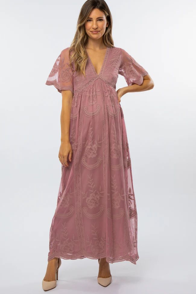Mauve Lace Mesh Overlay Maternity Maxi Dress | PinkBlush Maternity