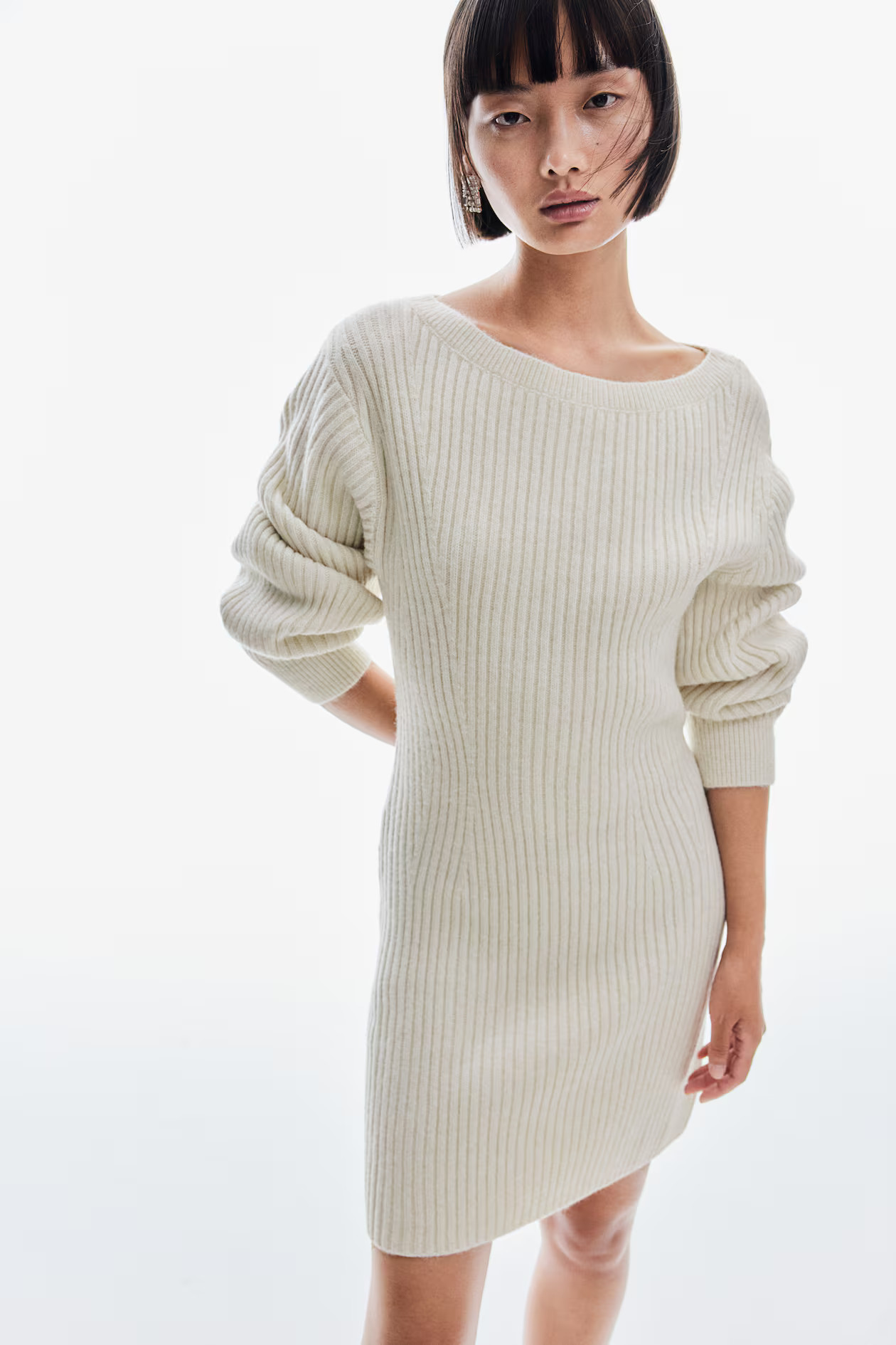 Rib-Knit Boat-Neck Dress - Boat Neck - Long sleeve - Cream - Ladies | H&M US | H&M (US + CA)