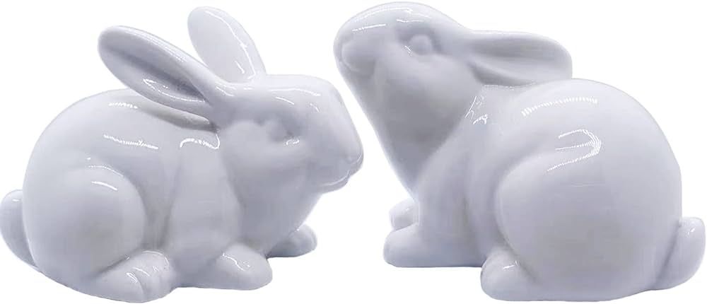 Set of 2 Porcelain Bunny Rabbit Statue Figurine Easter Spring Decoration Vintage Rustic White Bun... | Amazon (US)