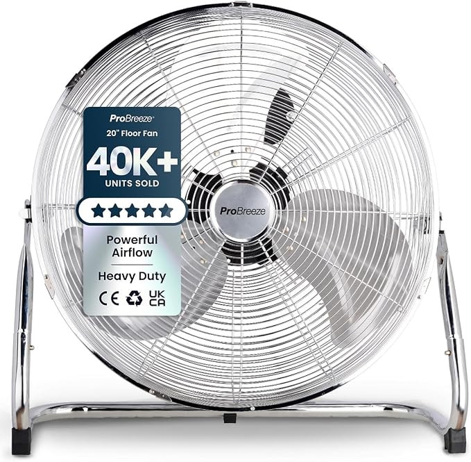 Pro Breeze® Large 20" Chrome Gym Floor Fan, 3 Speed Metal Pedestal Fan with Adjustable Fan Head,... | Amazon (UK)