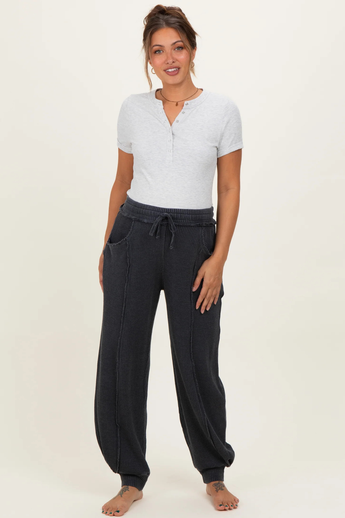 Black Raw Seam Waffle Knit Maternity Joggers | PinkBlush Maternity