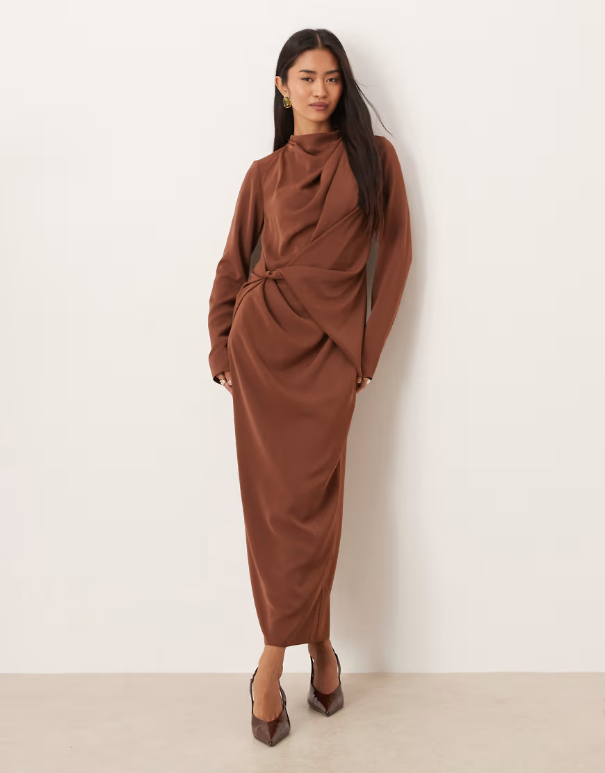 ASOS DESIGN high neck draped slinky maxi dress in chocolate-Brown | ASOS (Global)