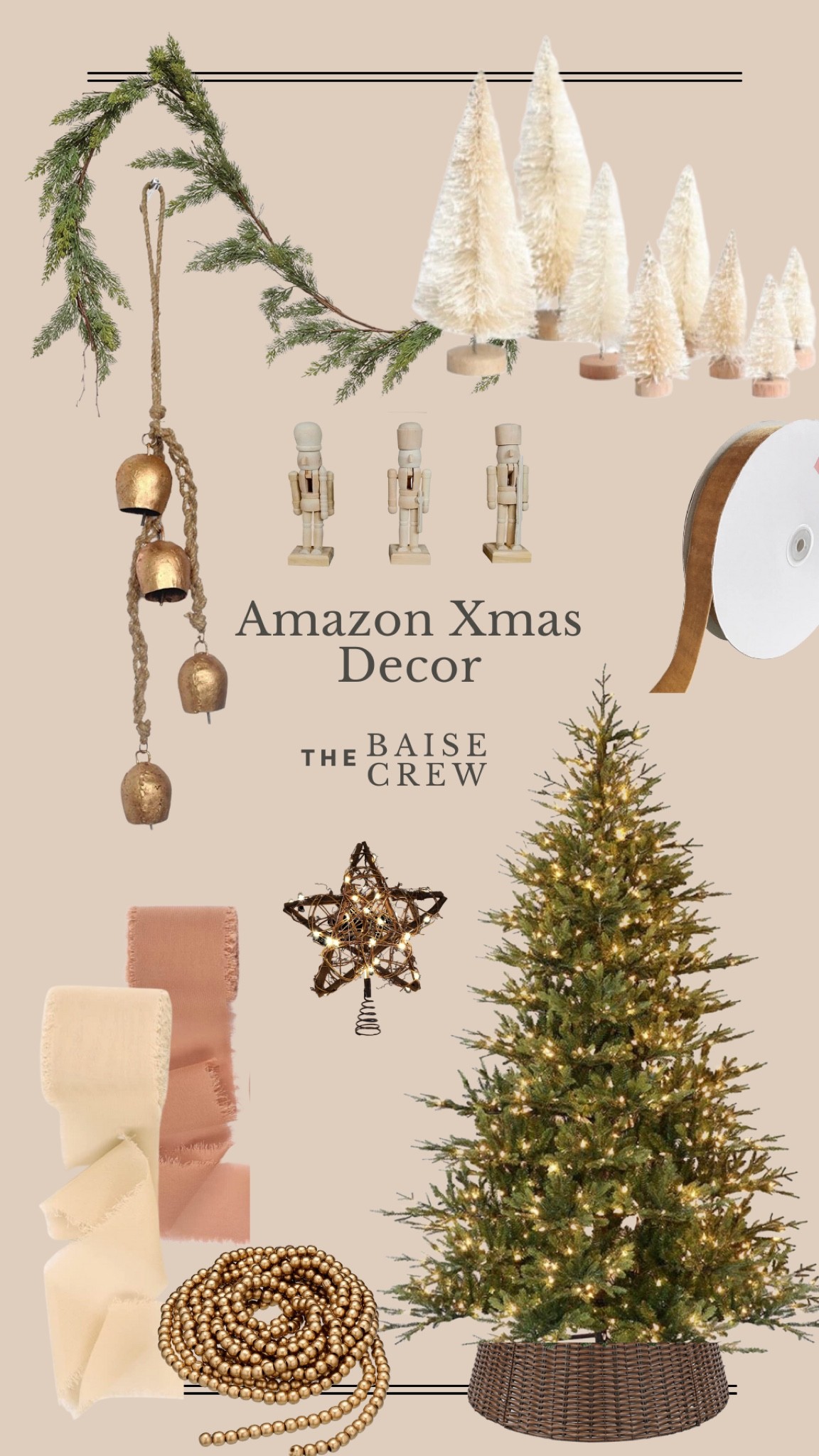 AMAZON Xmas decor / holiday ribbon / faux Xmas tree / natural star tree topper / brass jingle bells / velvet ribbon / natural nutcrackers / faux garland / gold beaded garland 

#LTKSeasonal #LTKsalealert #LTKHoliday