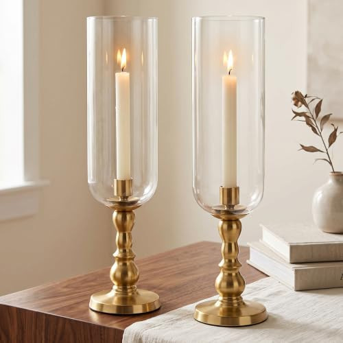 2 Pack Glass Hurricane Candle Holders, Brass Finish Taper Candlesticks | Amazon (US)