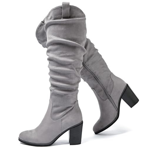 Luoika Women's Extra Wide Calf Cowboy Knee High Boots, Wide Width Cowgirl Slouchy Boots Chunky Pump Heel Plus Size Western Boots.Grey 230702 9.5XW | Amazon (US)