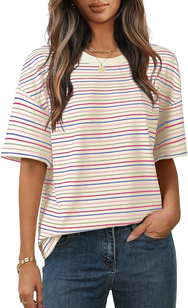 MEROKEETY Women's 2026 Summer Short Sleeve Tops Casual Colourful Striped Crewneck Loose Work T Sh... | Amazon (US)