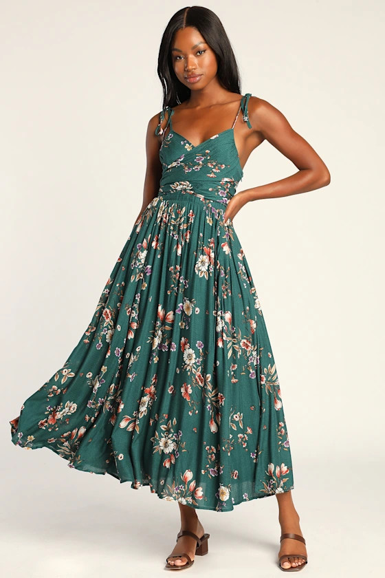 Meadow Flowers Green Multi Floral Print Tie-Strap Maxi Dress | Lulus (US)