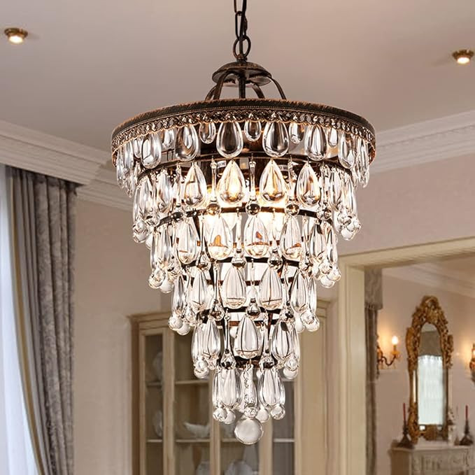 Wellmet 14 Inch Crystal Chandelier,Farmhouse Bronze Bathroom Chandeliers,4-Light Foyer Lighting H... | Amazon (US)