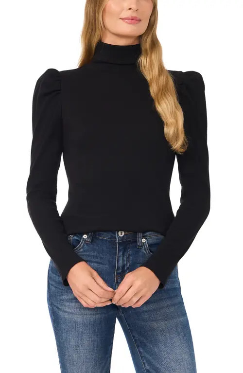 CeCe Gathered Sleeve Turtleneck Top in Rich Black at Nordstrom, Size X-Large | Nordstrom