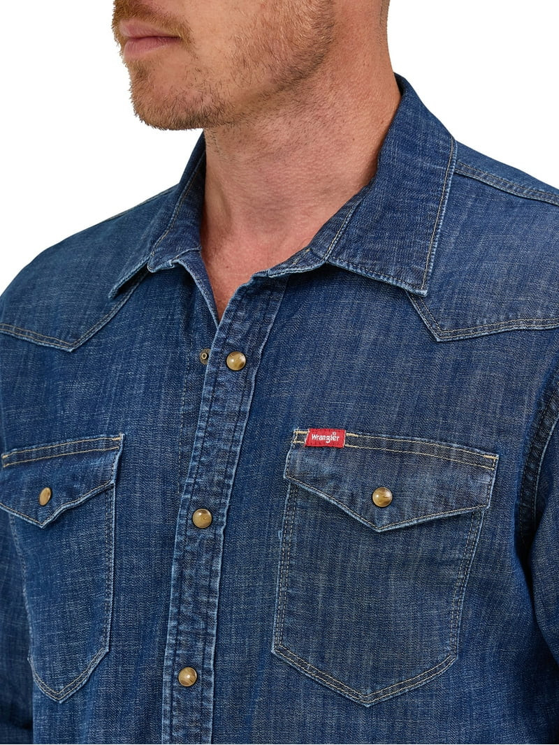Wrangler® Men's Slim Fit Long Sleeve Woven Denim Shirt with Sunglasses Cleaner, Sizes S-5XL | Walmart (US)