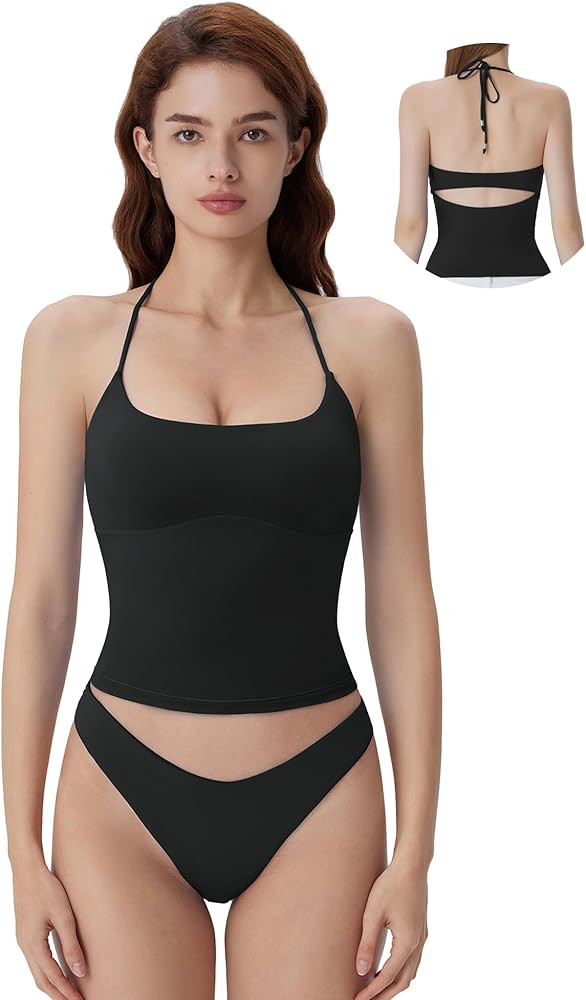 SUUKSESS Halter Tops for Women Tank Tops with Built in Bras Double Lined Open Back Y2K Going Out ... | Amazon (US)