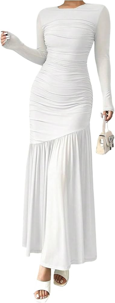 Milumia Women's Ruched Mesh Patchwork Maxi Dress Long Sleeve Bodycon Ruffle Hem Long Dresses | Amazon (US)
