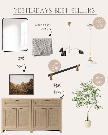 Yesterdays Best Sellers 
Wall mirror / waffle bath towel / ceiling pendant light / center to center pull / golden forest wall art / sideboard/ maple artificial tree 

#LTKSaleAlert #LTKHome