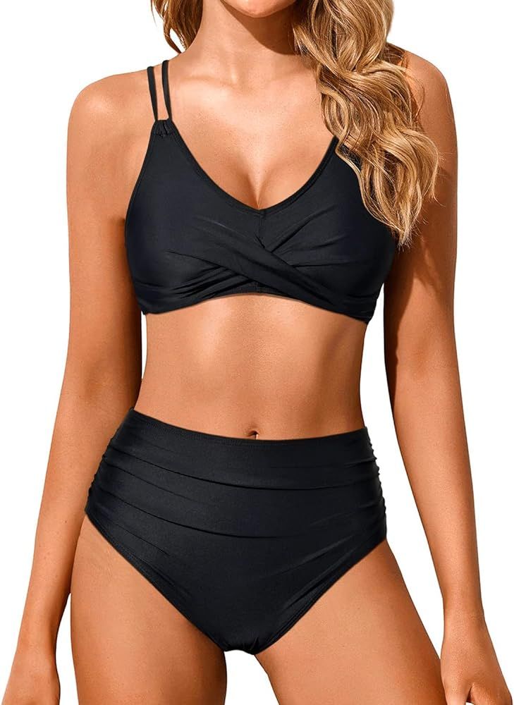 Holipick Women High Waisted Bikini Set Two Piece Swimsuits Push up Wrap Swim Suits Top Tummy Cont... | Amazon (US)
