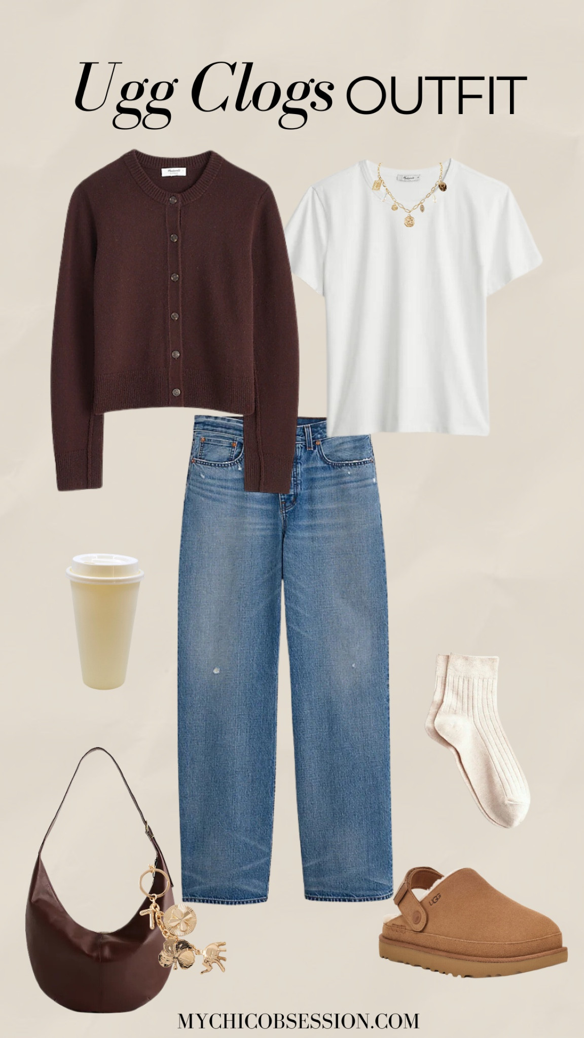 Ugg clogs outfit: cardigan, t-shirt, jeans, socks, Ugg clogs, and charms on a bag 

#LTKSeasonal #LTKFallSale #LTKStyleTip
