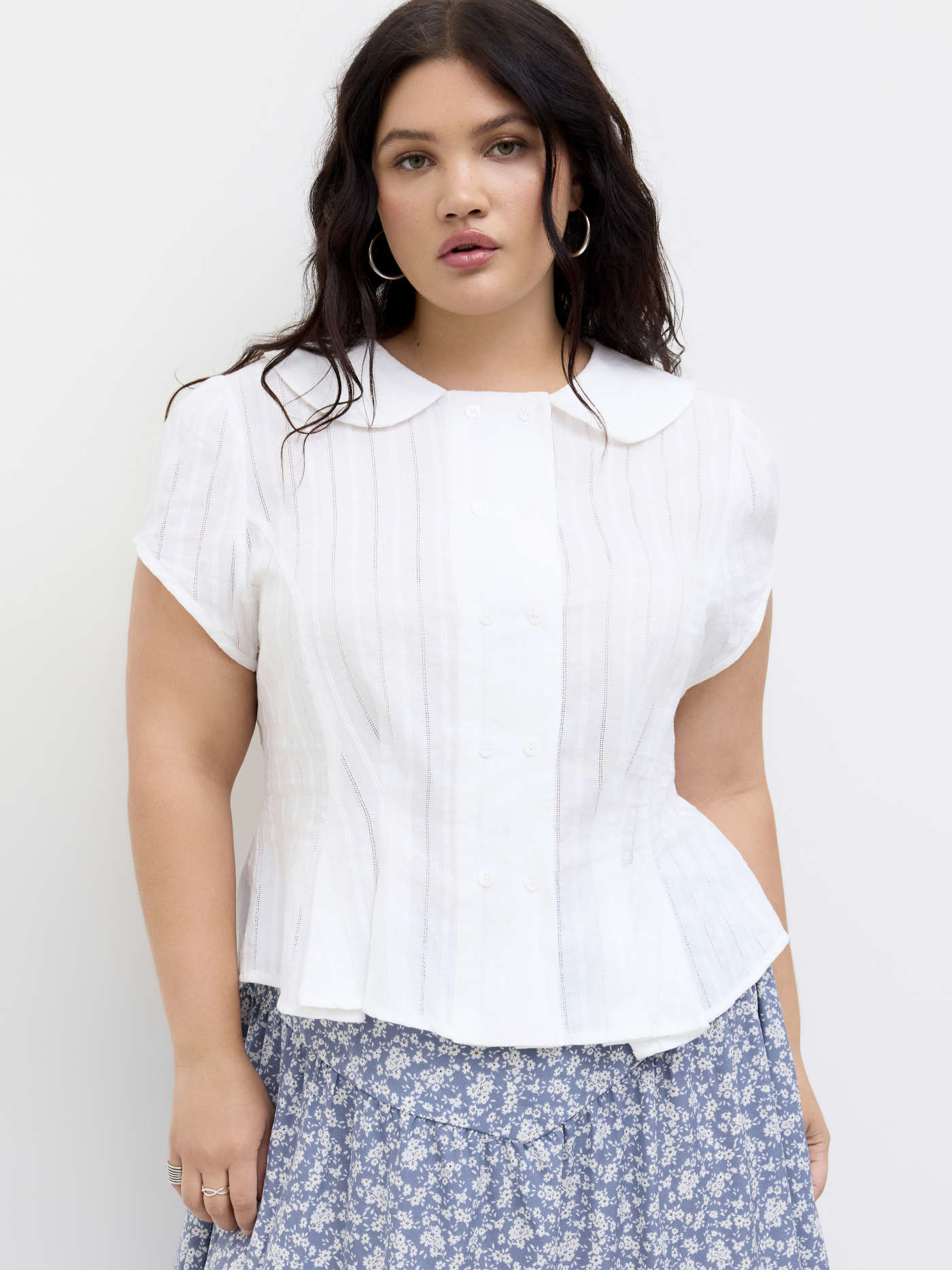 Woven 100% Cotton Peter Pan Collar Broderie Anglaise Pleated Blouse Curve & Plus For Daily Casual | Cider