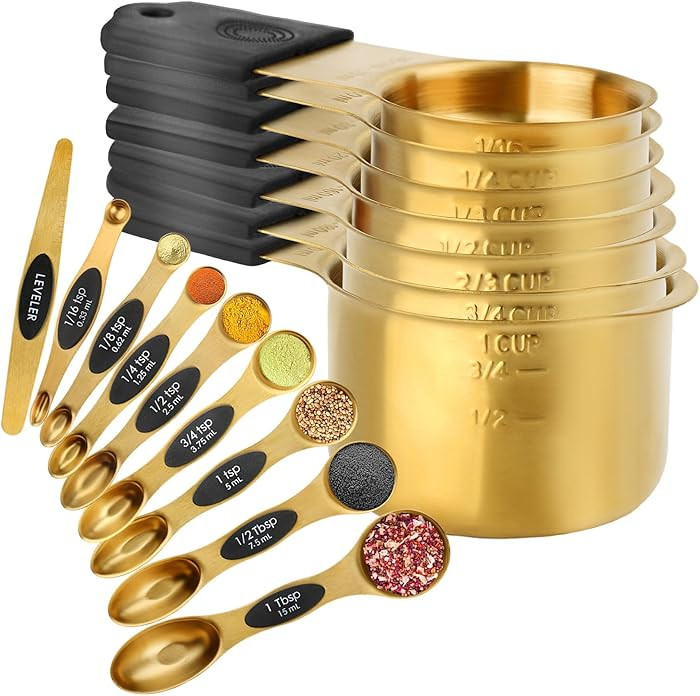 Gold Magnetic Measuring Cups & Spoons Set of 16, 7 Stainless Steel Measuring Cups, 8 Double-Sided... | Amazon (US)