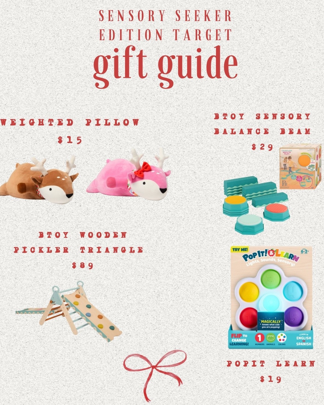 Sensory-friendly gift guide from Target! Perfect for kids who love hands-on play and calming activities. The wooden Pikler triangle, balance beam, weighted reindeer pillow, and colorful learning pop-it are great for motor skills, regulation, and creative play. Affordable, engaging, and therapist-approved — perfect for holiday gifting and high-visibility LTK searches.

#sensorytoys #targetfinds #giftguide2025 #kidsgifts #ltkkids


#LTKKids #LTKHoliday #LTKGiftGuide