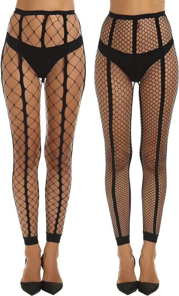 Yilanmy Women's Fishnet Stockings Sexy Tights Footless Black Striped Fish net Leggings Plus Size ... | Amazon (US)