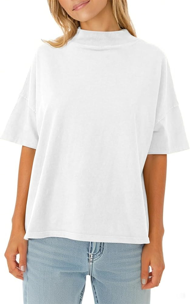 Womens Casual Short Sleeve Mock Neck T Shirts Summer Loose Fit Basic Plain Tee Tops | Amazon (US)