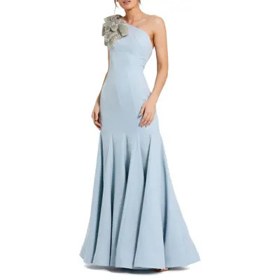 Mac Duggal Petite Crepe One Shoulder Gown With Flower Detail in Powder Blue at Nordstrom, Size 4P | Nordstrom