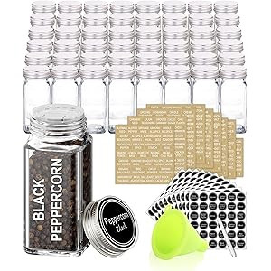SWOMMOLY 48 Glass Spice Jars with 713 Spice Labels, Chalk Marker and Funnel Complete Set. 48 Squa... | Amazon (US)