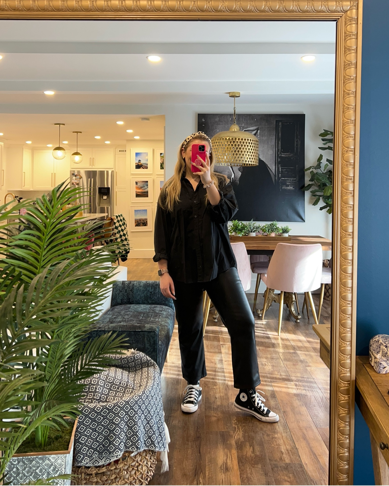 Loft faux leather pants wearing a 30
Gap button up wearing a large