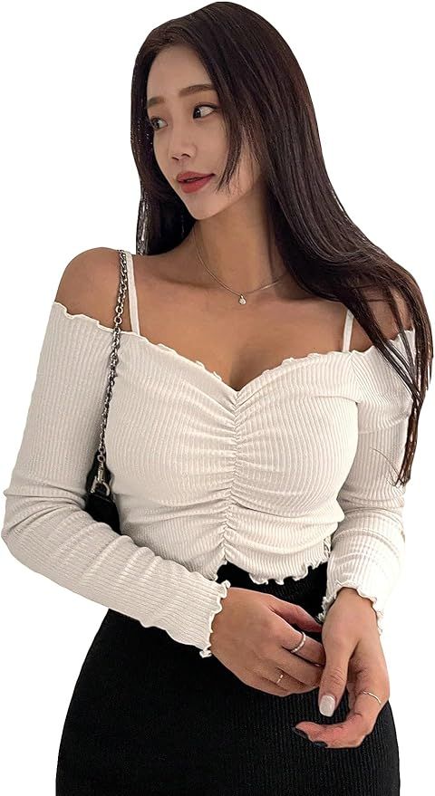 Cozyease Women's Cold Shoulder Rib Knit Lettuce Trim Ruched Tee Top Long Sleeve Slim Fit Casual P... | Amazon (US)
