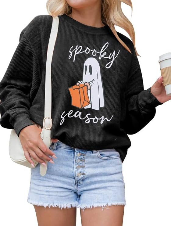 MYHALF Halloween Sweaters Womens Spooky Season Ribbed Knit Sweatshirt Cute Ghost Sweater Fall Cor... | Amazon (US)