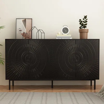 4 Door Black Sideboard Cabinet, Black Buffet Storage Cabinet with Sunburst Accent Cabinet Design | Wayfair North America