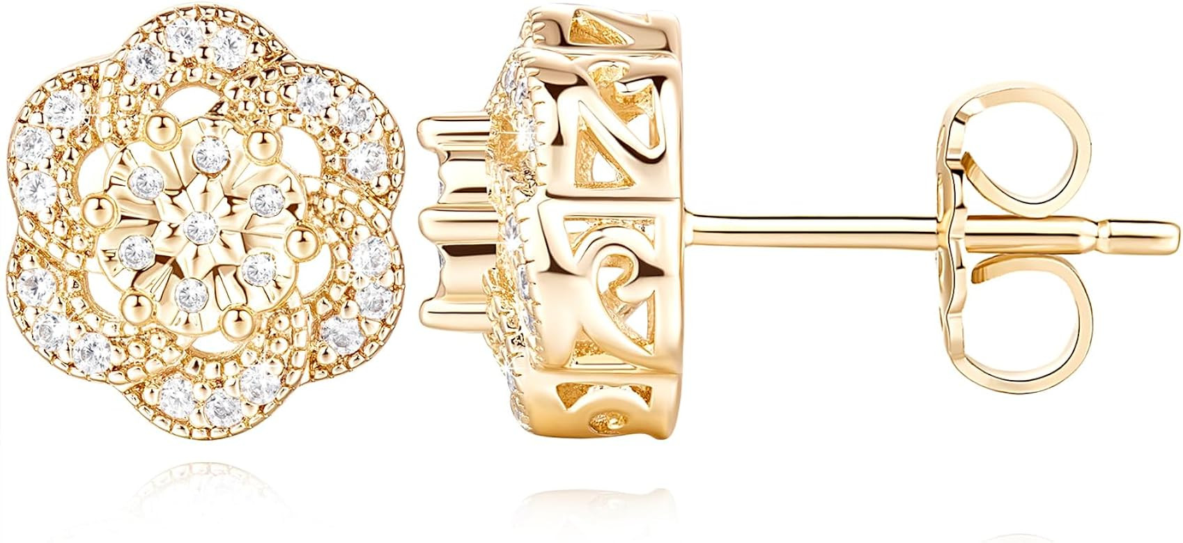 Gold Stud Earrings for women Trendy, Flower-shaped 14K Gold Earrings Studs, Sparkling Zirconia 10... | Amazon (US)