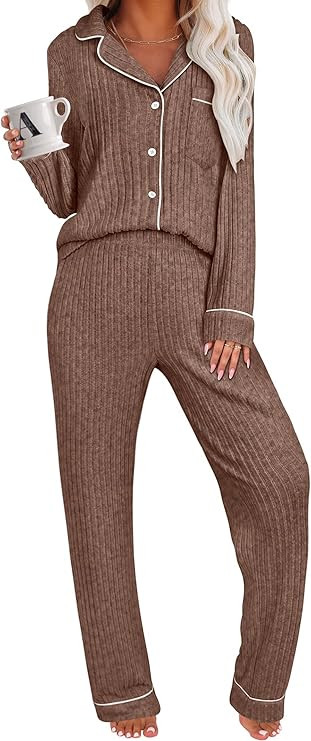 ANRABESS Women Pajama Lounge Sets 2025 Fall 2 Piece Outfits Ribbed Long Sleeve Matching PJ Set Sl... | Amazon (US)