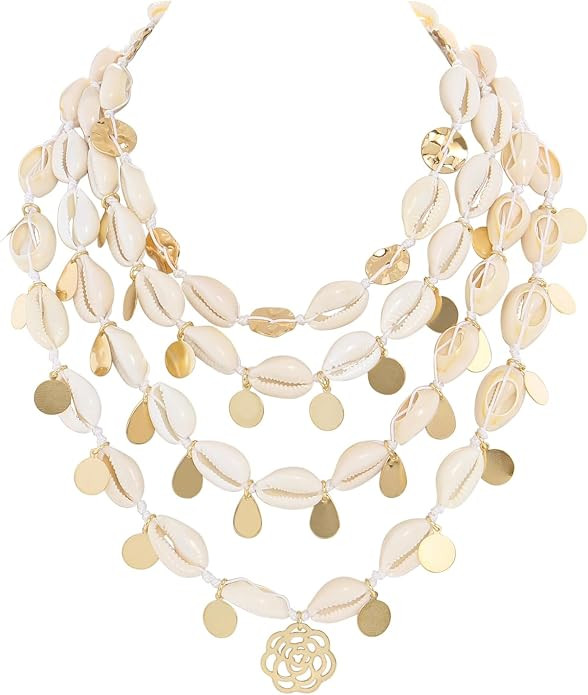 Layed Cowrie Shell Necklace With Glod Coin Pendant Handmade Hawaiian Puka Seashell Choker | Amazon (US)