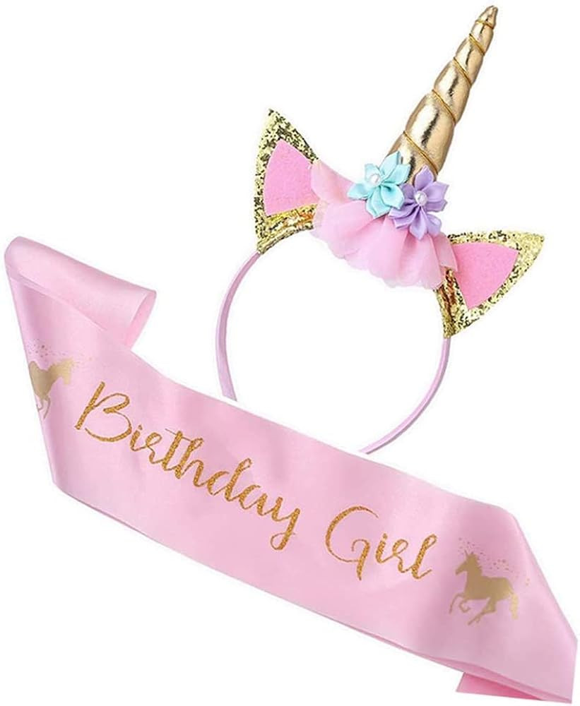 Unicorn Birthday Set of Gold Glitter Unicorn Headband Pink Satin Sash for Happy Birthday Unicorn ... | Amazon (US)