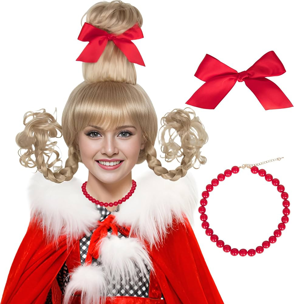 Christmas Blonde Wig with Red Bow and Necklace Girls Women Long Braids Christmas Costume Wig Acce... | Amazon (US)