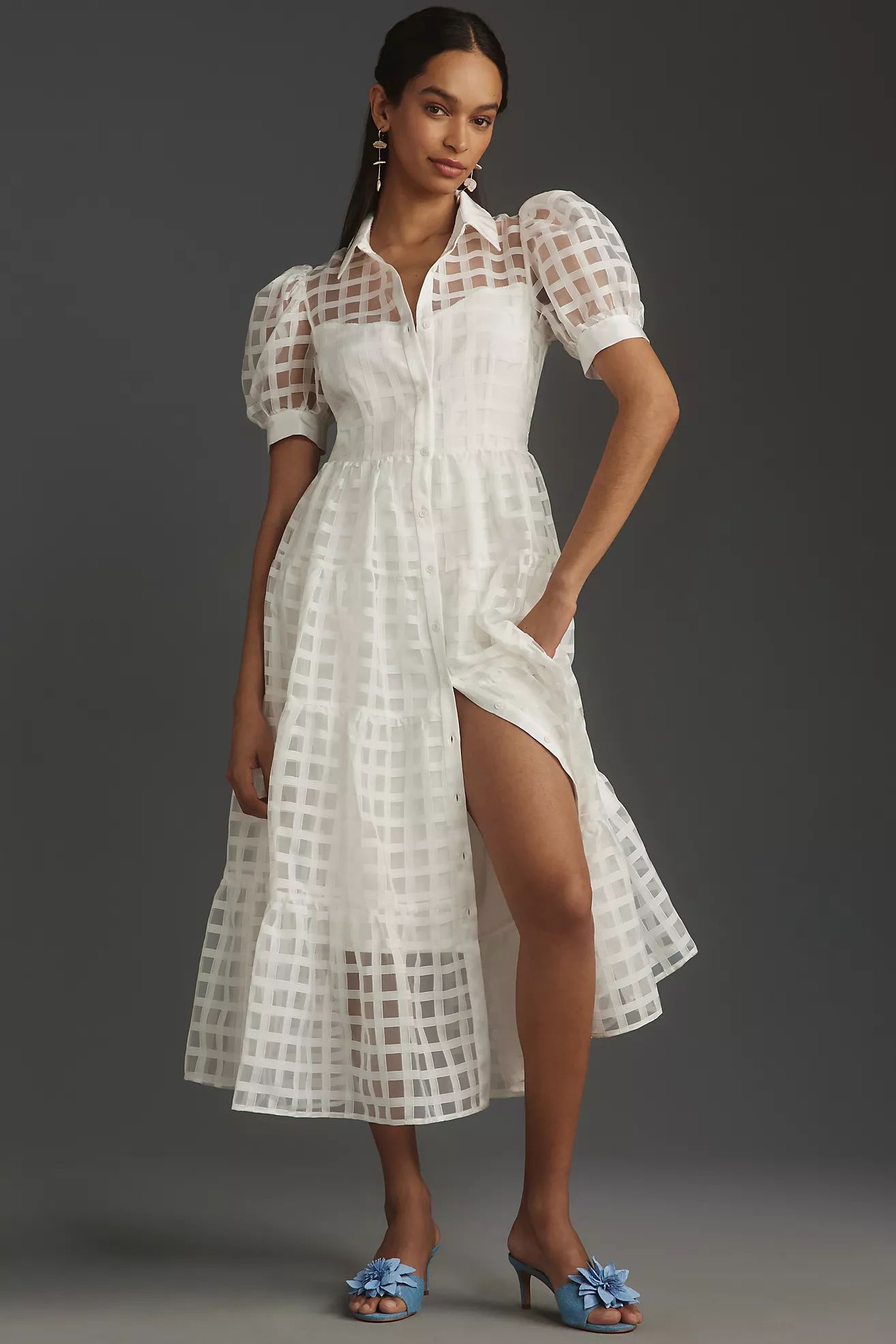 English Factory Organza Short-Sleeve Button-Front Midi Dress | Anthropologie (US)