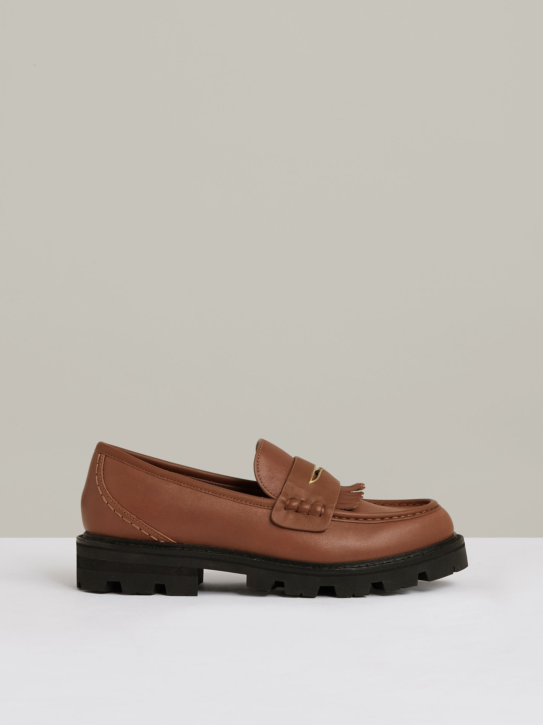 Leather Fringed Chunky Penny Loafers in Tan | Reiss UK