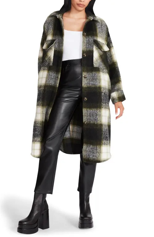 Steve Madden Chloe Plaid Longline Shacket in Olive Night at Nordstrom, Size X-Large | Nordstrom