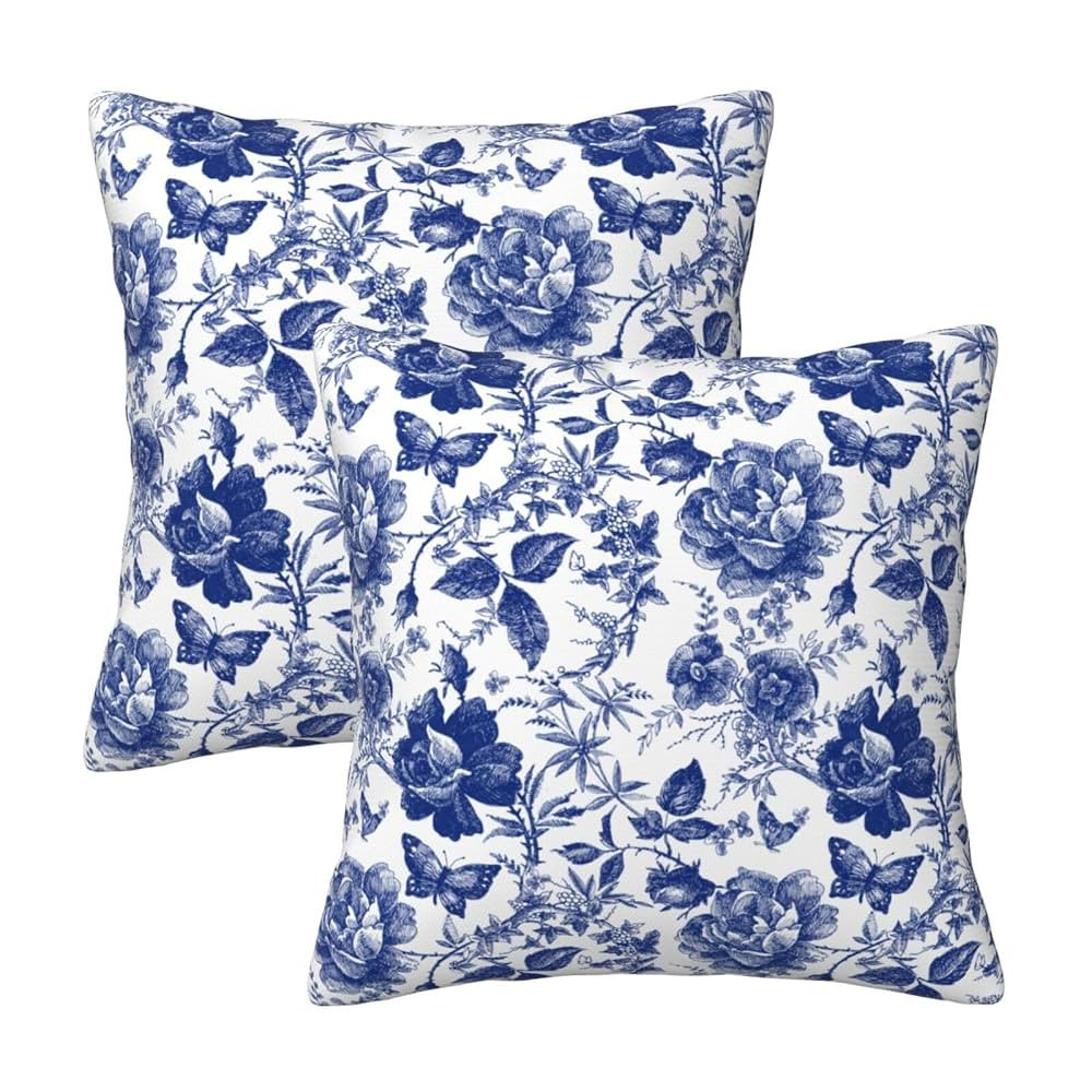 Blue and White Porcelain Floral Butterfly Pillow Covers 18x18 in Vintage Chinoiserie Couch Pillow... | Amazon (US)