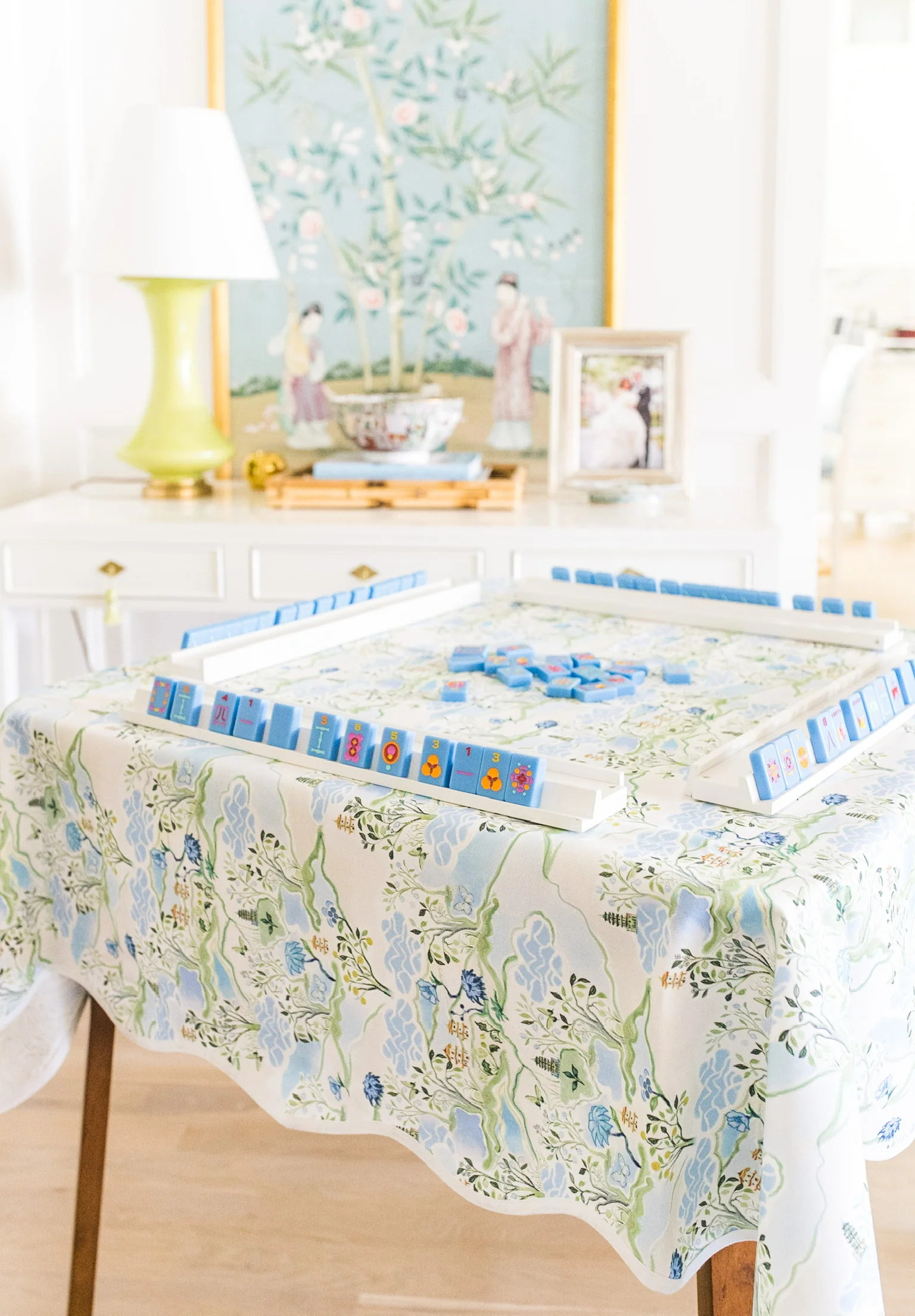 Scalloped Square Table Topper | Blue Pagoda | Frances Fields Home