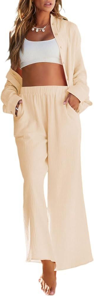 Dokotoo 2 Piece Outfits for Women Long Sleeve V Neck Button Down Shirts and Wide Leg Pants with P... | Amazon (US)