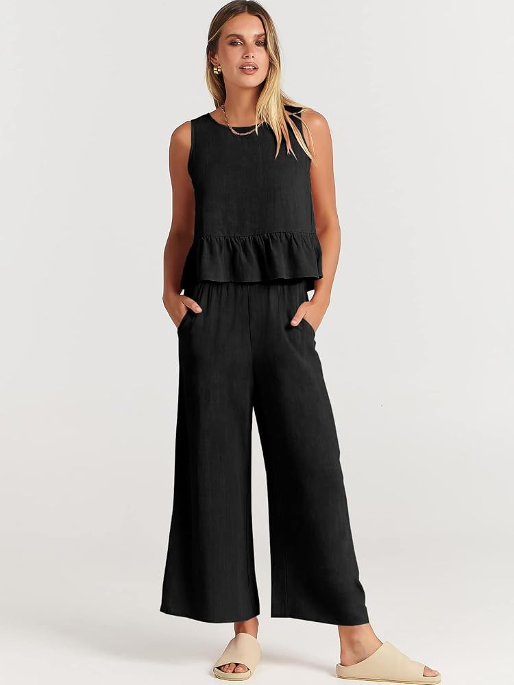 ANRABESS Women's Summer 2 Piece Outfits Sleeveless Tank Crop Button Back Top Cropped Wide Leg Pants  | Amazon (US)