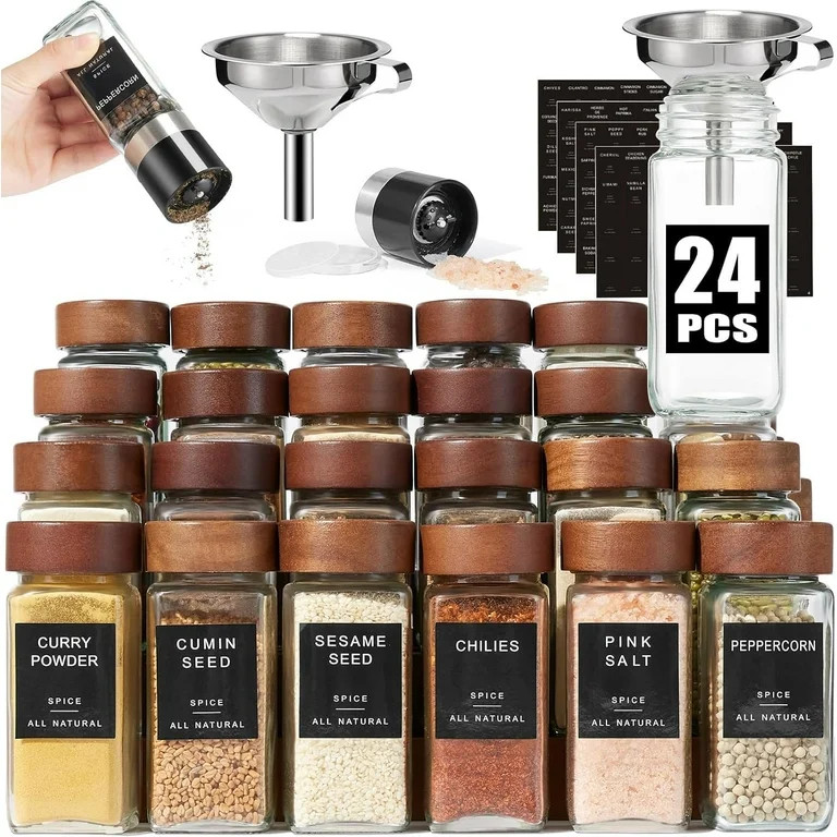 24Pcs Glass Spice Jars with Labels-4OZ Wood Lid Square Spice Containers with Pepper Grinder Lids ... | Walmart (US)