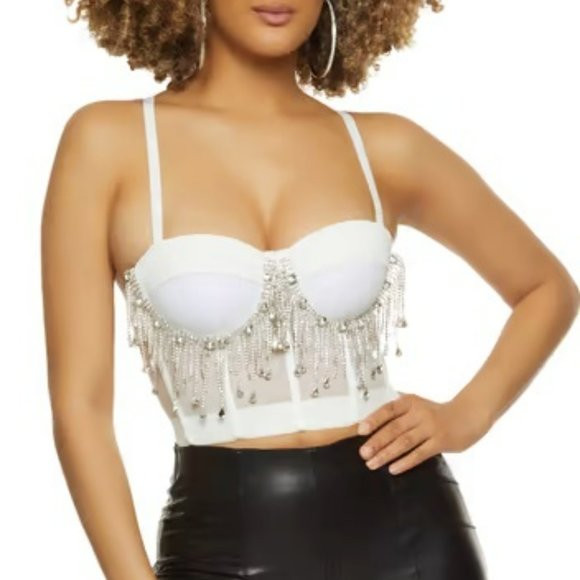 White Rhinestone Fringe Bustier Crop Top | Poshmark