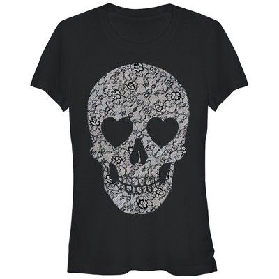 Junior's Lost Gods Halloween Lace Print Heart Skull T-Shirt | Target