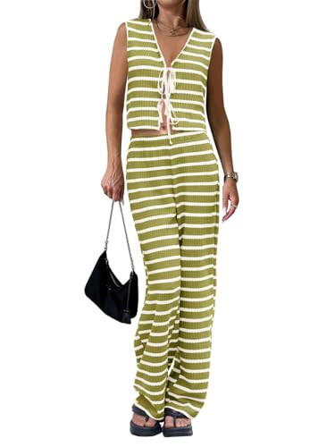 Tankaneo Womens Crochet Sets 2 Piece Outfits Tie Front Sleeveless Vest Tops Wide Leg Pants Striped Knit Y2K Matching Sets | Amazon (US)