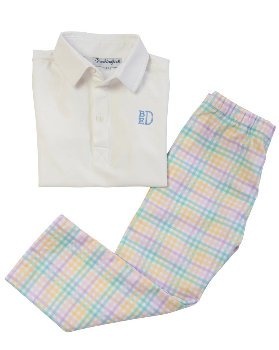 Rainbow Plaid Pants with White Polo | Smockingbird Kids
